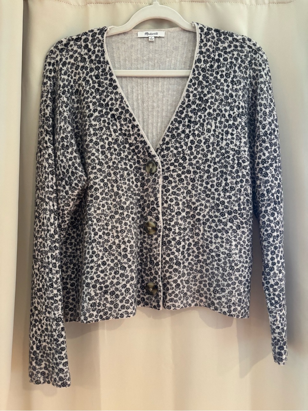 Madewell Black & White Floral V-Neck Button Cardigan
